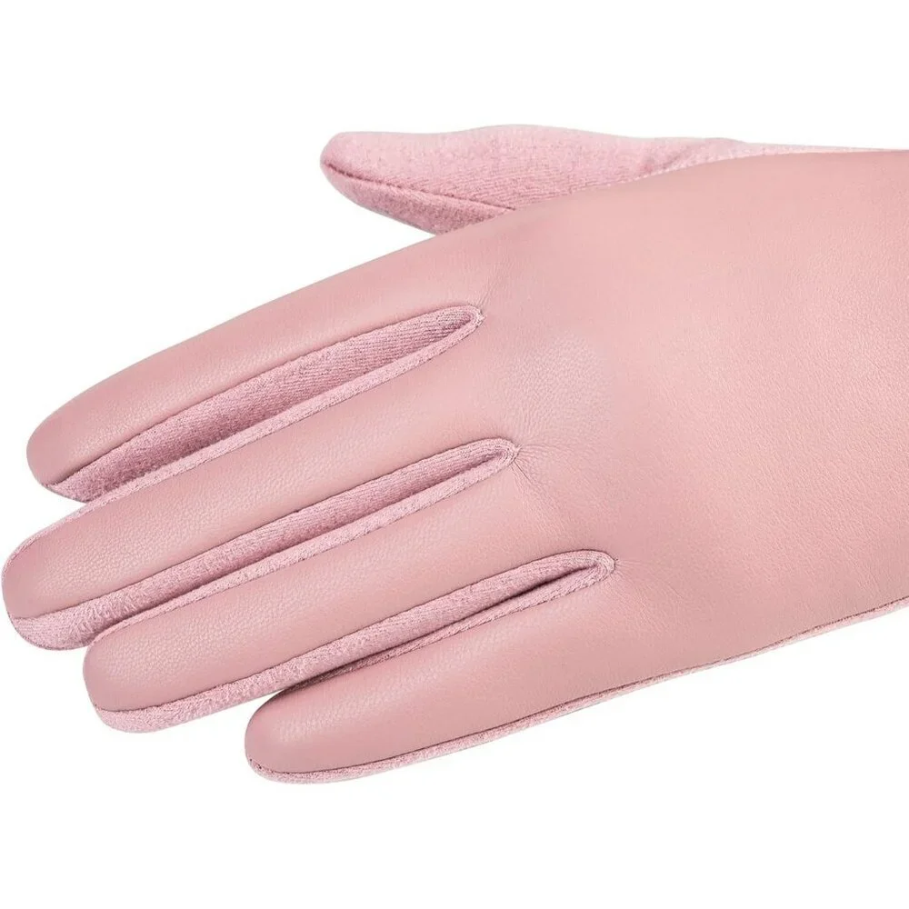 Women's Pink Winter Leather Suede Gloves Wool Lined Windproof Touchscreen